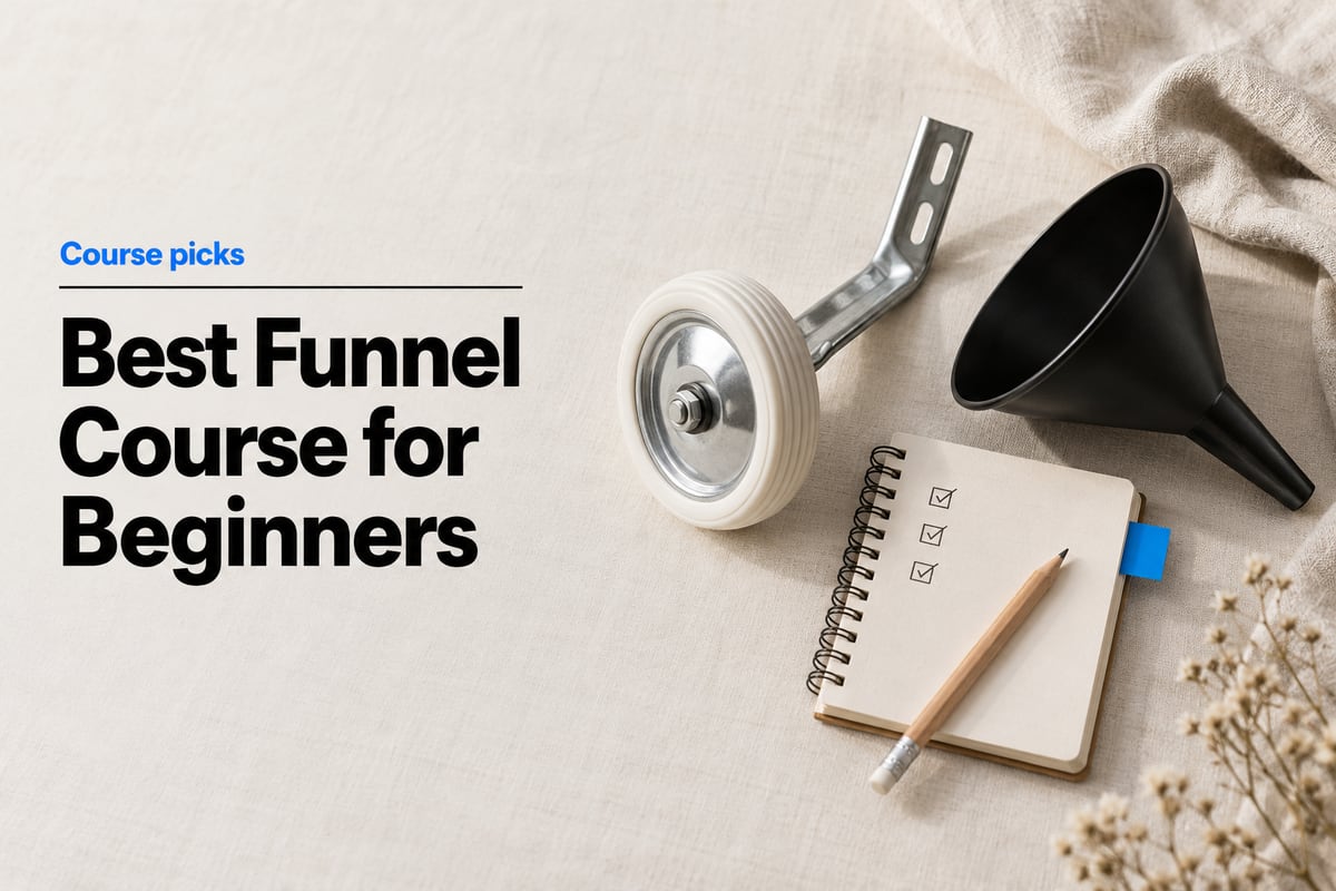 Overhead photo on pale linen of a child's bicycle training wheel beside a black kitchen funnel, with an open spiral notebook showing three ticked checkboxes and a blue sticky tab, under the headline Best Funnel Course for Beginners.