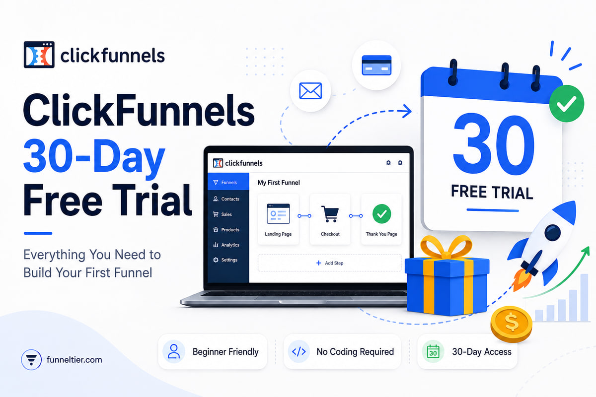 ClickFunnels 30-day free trial graphic showing the ClickFunnels funnel builder on a laptop, a calendar marked 30, and beginner-friendly, no-coding and 30-day access badges.