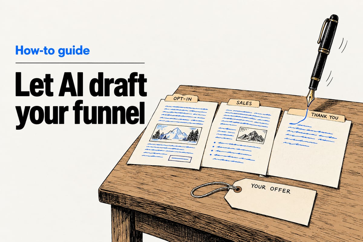 Editorial ink illustration of a fountain pen writing on its own above a desk, filling three paper pages tabbed Opt-in, Sales and Thank you, while a blank tag reading Your offer lies untouched beside them, next to the headline Let AI draft your funnel.