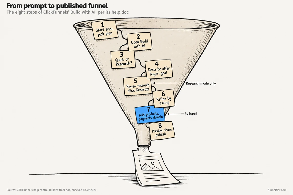 Hand-drawn paper funnel with eight numbered sticky notes: start the trial and pick a plan, open Build with AI, choose Quick or Research, describe offer, buyer and goal, review research and click Generate (Research mode only), refine by asking, add products, payments and domain by hand, then preview, share and publish.