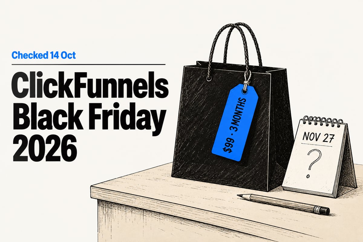Editorial illustration of a black paper shopping bag with a blue $99 · 3 MONTHS price tag on its handle, beside a flip desk calendar open at NOV 27 with a pencilled question mark, next to the headline ClickFunnels Black Friday 2026.