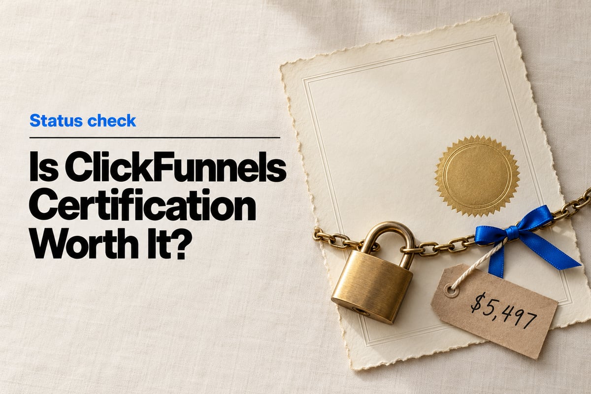 Overhead photo on pale linen of a parchment certificate with a blank gold seal, a closed brass padlock on a fine chain lying across it tied with a blue ribbon, and a kraft price tag hand-lettered $5,497, under the headline Is ClickFunnels Certification Worth It?