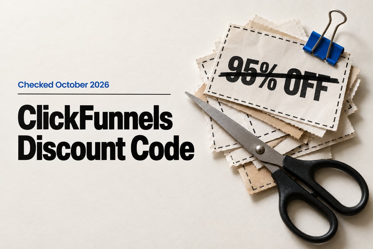 Editorial cover photo of a pile of paper coupons and black-handled scissors, the top coupon reading 95% OFF struck through in black marker, beside the headline ClickFunnels Discount Code.