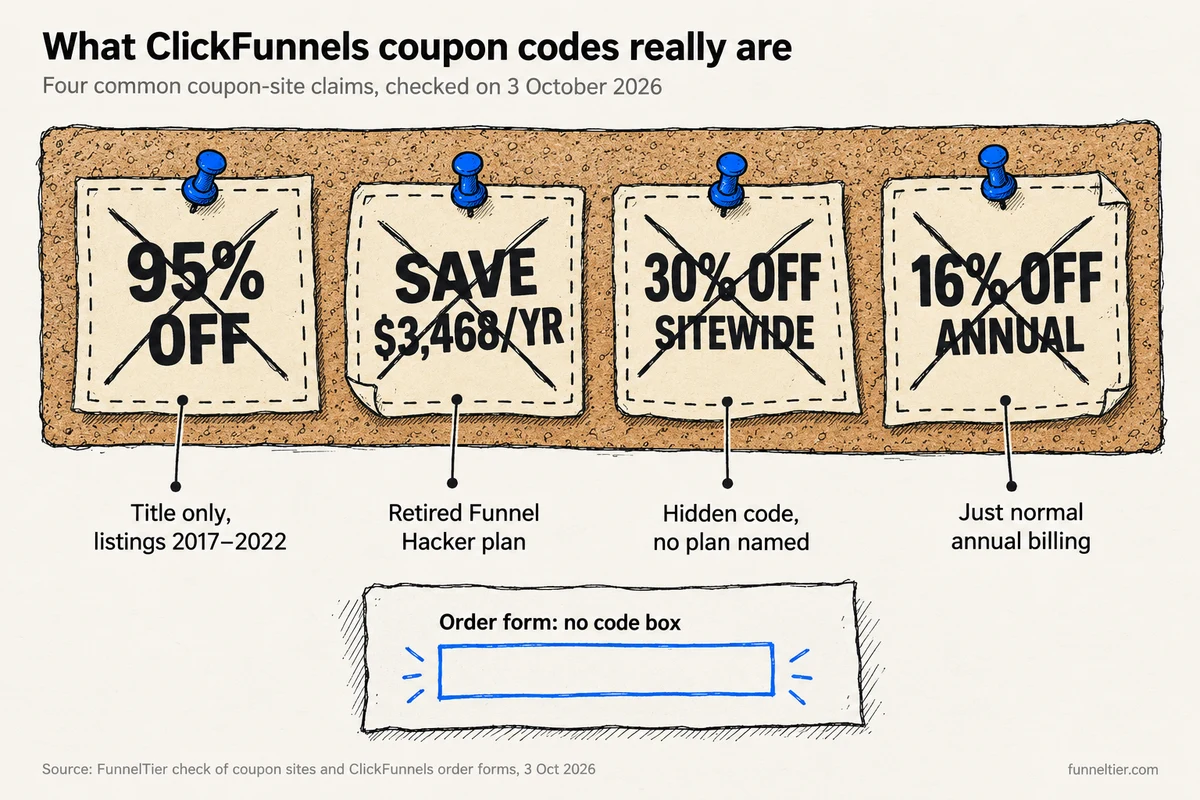 Hand-drawn explainer of four crossed-out paper coupons: 95% off appears only in a page title over listings from 2017 to 2022, save $3,468 a year is retired Funnel Hacker plan maths, 30% off sitewide hides its code and names no plan, and 16% off annual is just normal annual billing. Below, an empty checkout field notes that ClickFunnels order forms have no code box.