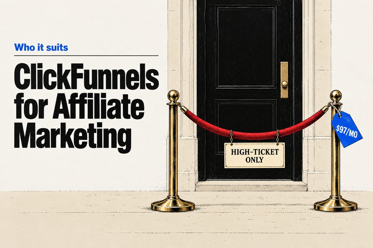 Editorial ink illustration of a red velvet rope between two brass stanchions in front of a black door, a card on the rope reading High-ticket only and a blue $97/mo tag tied to the right stanchion, beside the headline ClickFunnels for Affiliate Marketing.