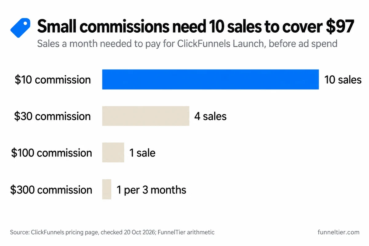 Bar chart of sales needed each month to cover ClickFunnels Launch at $97: 10 sales at a $10 commission (highlighted), 4 at $30, 1 at $100, and 1 every 3 months at $300.
