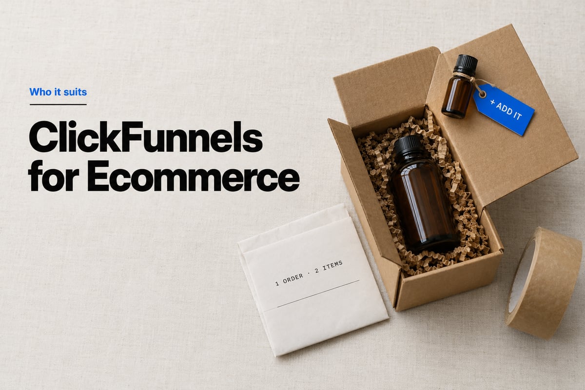 Overhead photo of an open kraft shipping box holding an amber glass bottle in crinkle paper, with a smaller matching bottle on the flap wearing a blue paper tag that reads + ADD IT, a packing slip reading 1 ORDER · 2 ITEMS and a roll of packing tape.