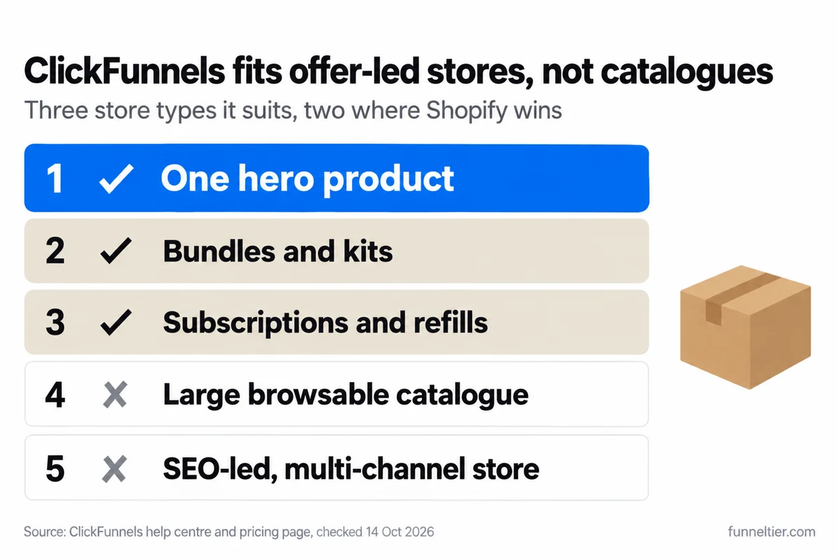 Checklist titled 'ClickFunnels fits offer-led stores, not catalogues': ticks for one hero product (highlighted in blue), bundles and kits, and subscriptions and refills; crosses for a large browsable catalogue and an SEO-led, multi-channel store.