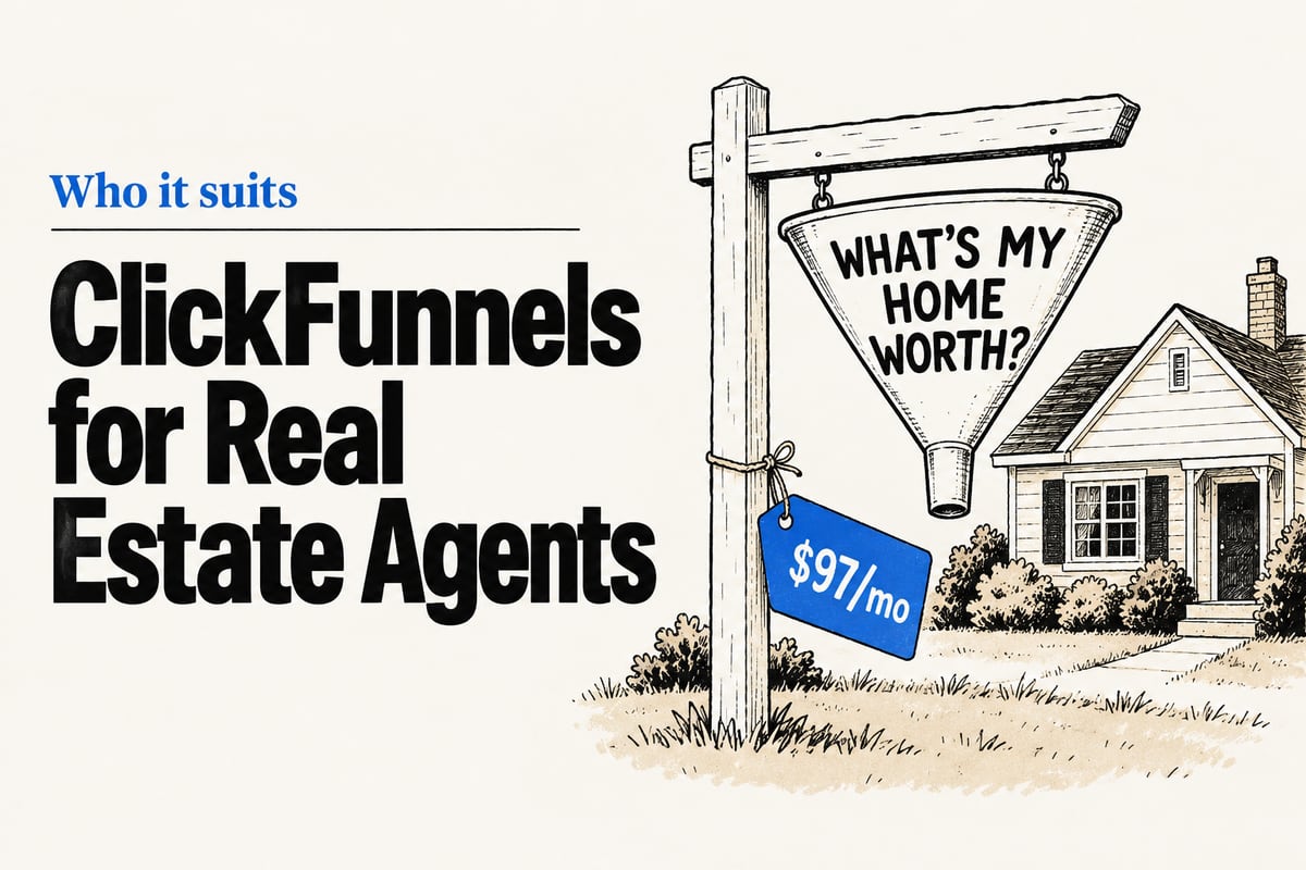 Editorial ink illustration of a real estate yard sign on a white wooden post in front of a small house, its hanging panel shaped like a kitchen funnel and reading What's my home worth?, with a blue $97/mo tag tied to the post, beside the headline ClickFunnels for Real Estate Agents.