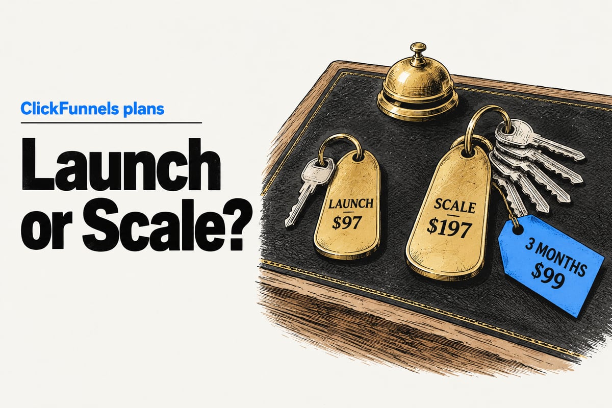 Editorial ink illustration of two old hotel room keys on a reception desk, a single key on a brass fob stamped LAUNCH $97 and a ring of five keys on a fob stamped SCALE $197 with a blue paper tag reading 3 MONTHS $99.