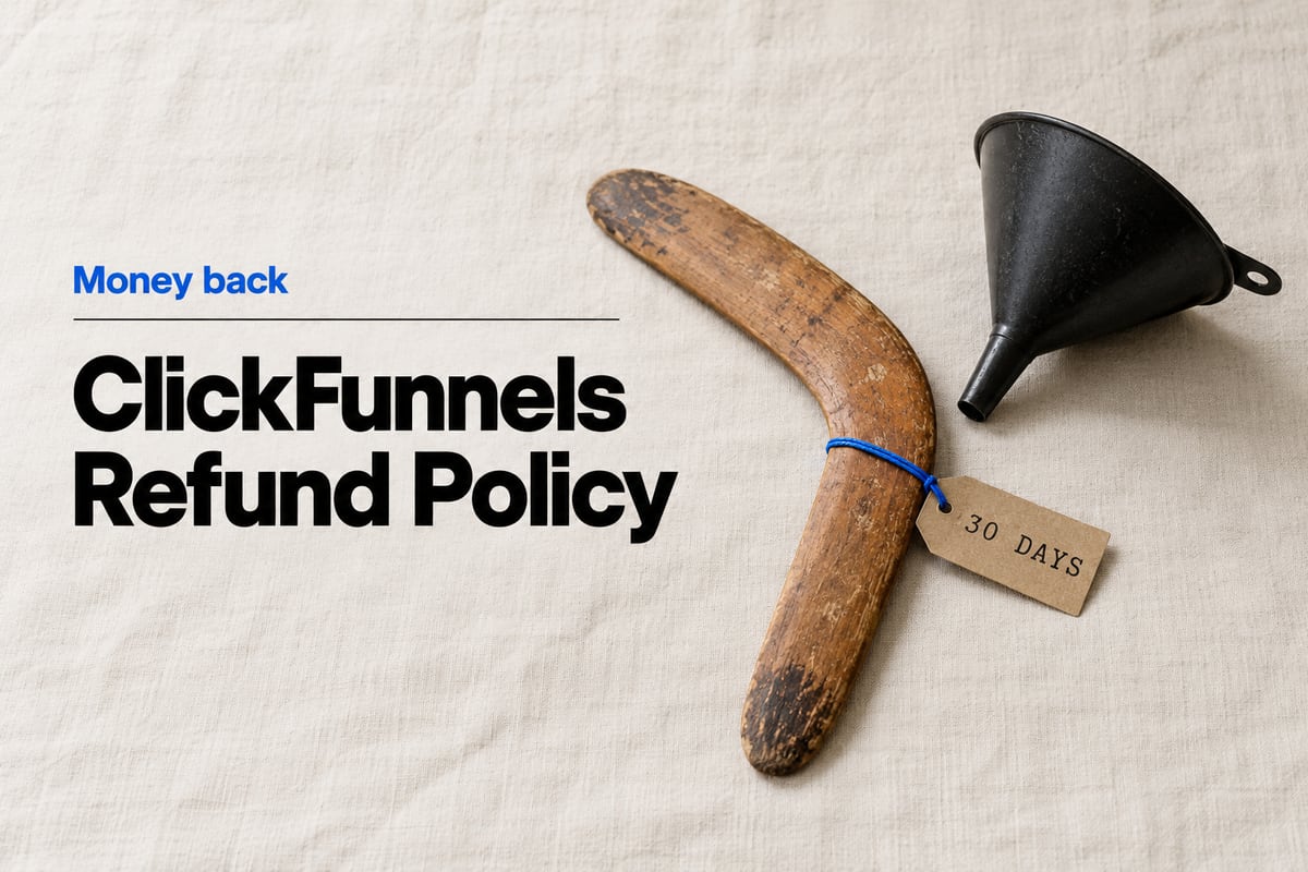 Overhead photo on warm linen of a worn wooden boomerang beside a black kitchen funnel, with a kraft paper tag reading 30 DAYS tied to the boomerang on a blue string, under the headline ClickFunnels Refund Policy.