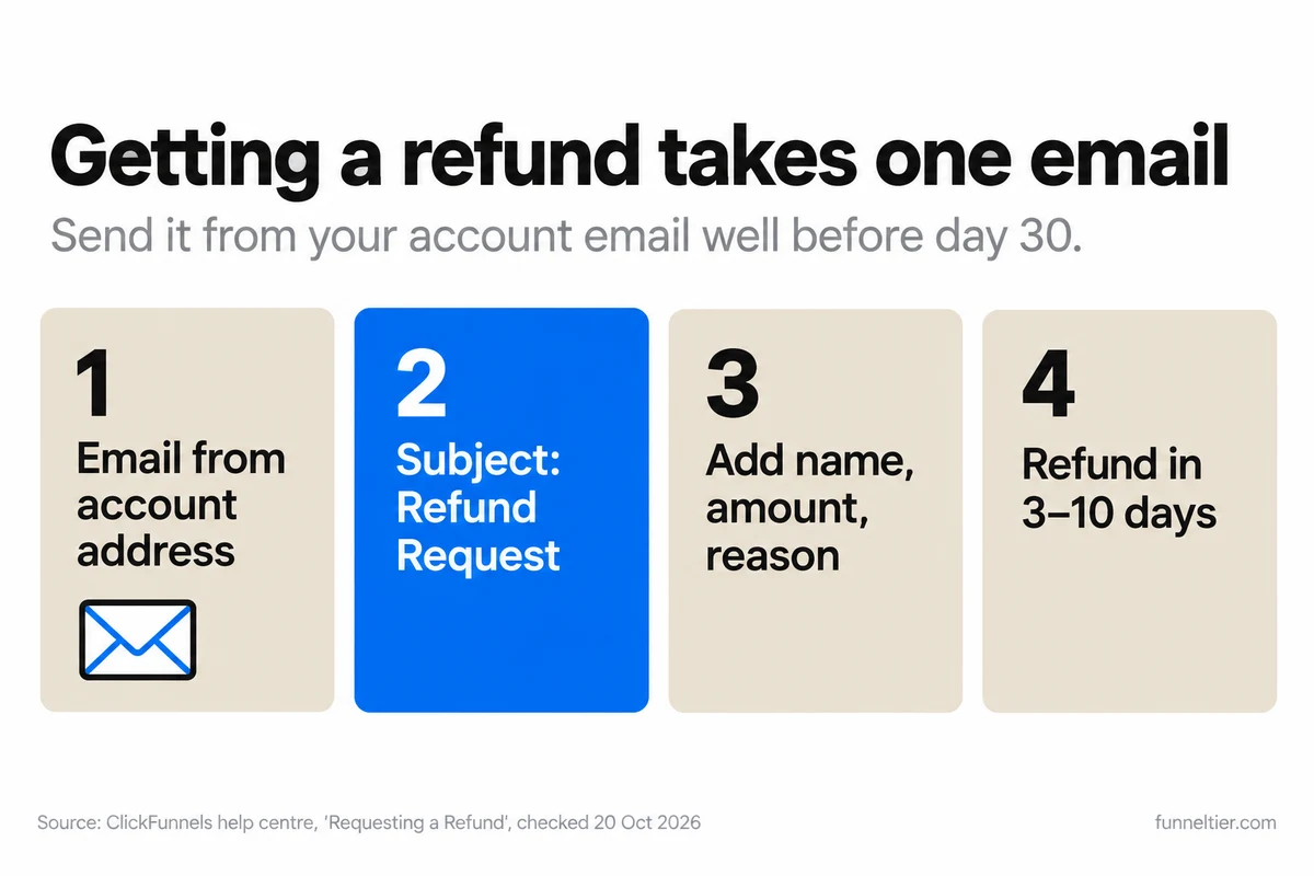 Four numbered steps to a ClickFunnels refund: email from your account address, use the subject Refund Request, add your name, amount and reason, and receive the refund in 3 to 10 days.