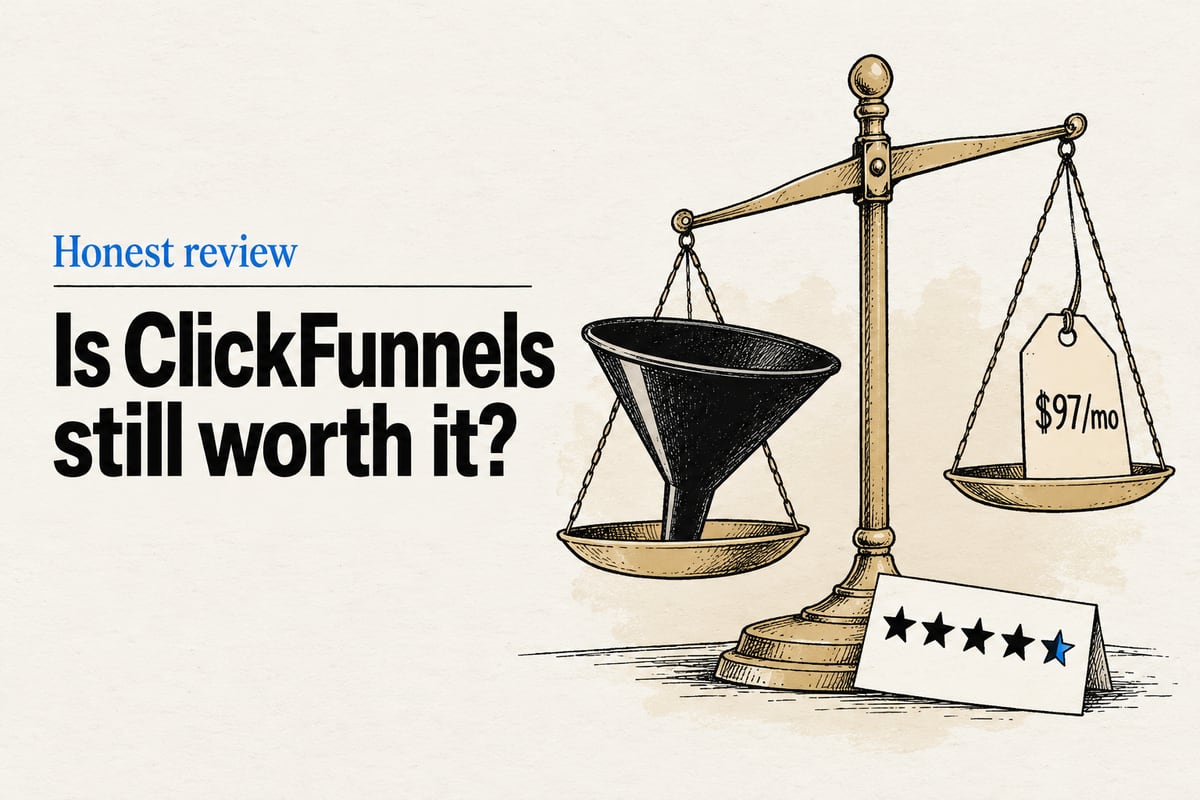 Editorial ink illustration of a brass balance scale weighing a black kitchen funnel against a paper price tag reading $97/mo, with a five-star review card leaning on its base, beside the headline Is ClickFunnels still worth it?