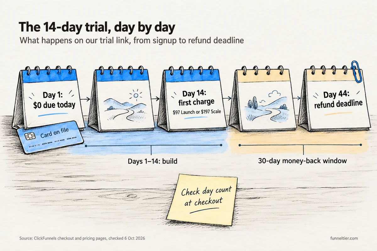 Hand-drawn row of desk-calendar pages showing the ClickFunnels trial through our link: day 1 with $0 due today and a card on file, days 1 to 14 to build, the first charge on day 14 at $97 for Launch or $197 for Scale, then a 30-day money-back window ending at the day 44 refund deadline. A note says to check the day count at checkout.