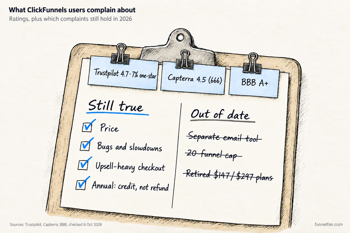 Hand-drawn clipboard of ClickFunnels ratings and complaints: Trustpilot 4.7 with 7% one-star reviews, Capterra 4.5 from 666 reviews, BBB A+. Ticked as still true: price, bugs and slowdowns, upsell-heavy checkout, annual plans give credit not refunds. Crossed out as out of date: separate email tool, 20-funnel cap, retired $147 and $297 plans.