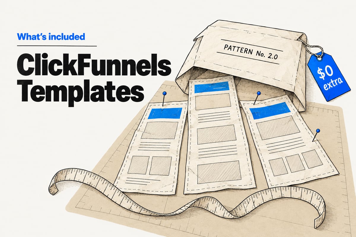 Editorial ink illustration of an open sewing-pattern envelope marked Pattern No. 2.0 on a cutting mat, its tissue pieces cut in the shape of web pages and pinned flat, with a blue tag reading $0 extra, beside the headline ClickFunnels Templates.