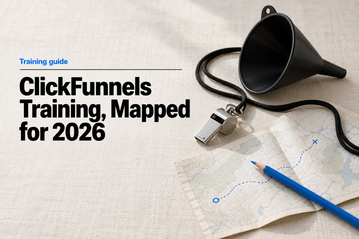 Overhead photo on warm off-white linen of a silver coach's whistle on a black lanyard looped around a black kitchen funnel, beside a paper trail map with one route traced in blue pencil, under the headline ClickFunnels Training, Mapped for 2026.