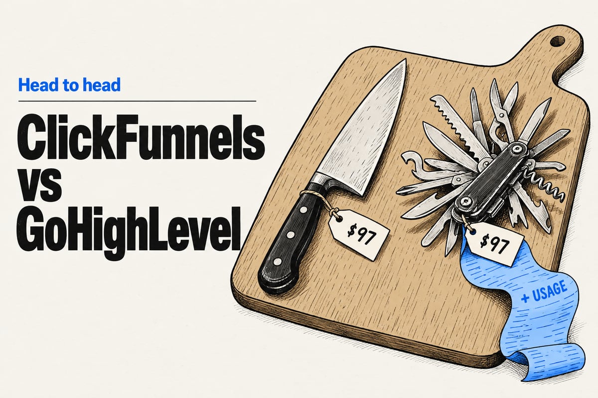 Editorial illustration of a chef's knife and an unfolded multitool on a cutting board, each with a $97 price tag, the multitool's tag trailing a long blue receipt printed + USAGE, beside the headline ClickFunnels vs GoHighLevel.