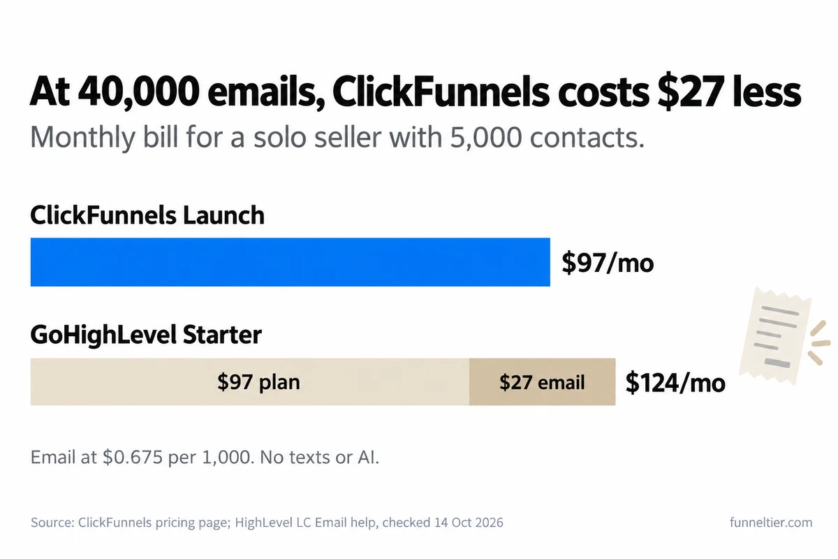 Bar chart: ClickFunnels Launch costs $97 a month versus $124 a month for GoHighLevel Starter ($97 plan plus $27 of email) for 5,000 contacts and 40,000 emails a month.