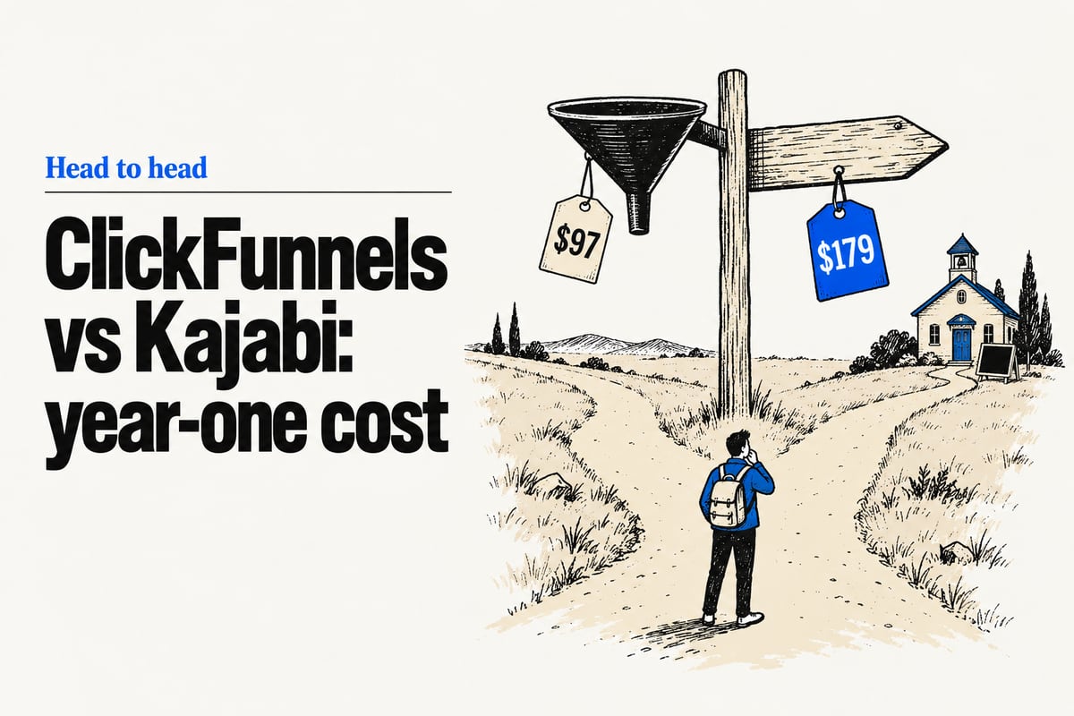 Ink-and-flat-colour illustration of a crossroads signpost: one arrow shaped like a black kitchen funnel with a tag reading $97, the other pointing to a small schoolhouse with a blue tag reading $179, and a small figure with a backpack standing at the fork.