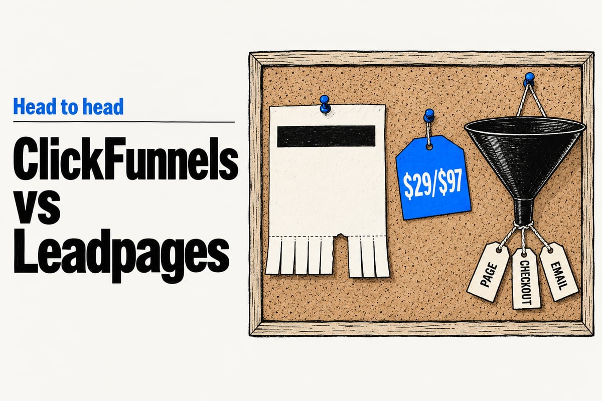 Editorial ink illustration of a cork noticeboard with a paper flyer and a row of tear-off tabs on one side and a black kitchen funnel tagged PAGE, CHECKOUT and EMAIL hanging from a pushpin on the other, a blue $29/$97 price tag pinned between them, beside the headline ClickFunnels vs Leadpages.