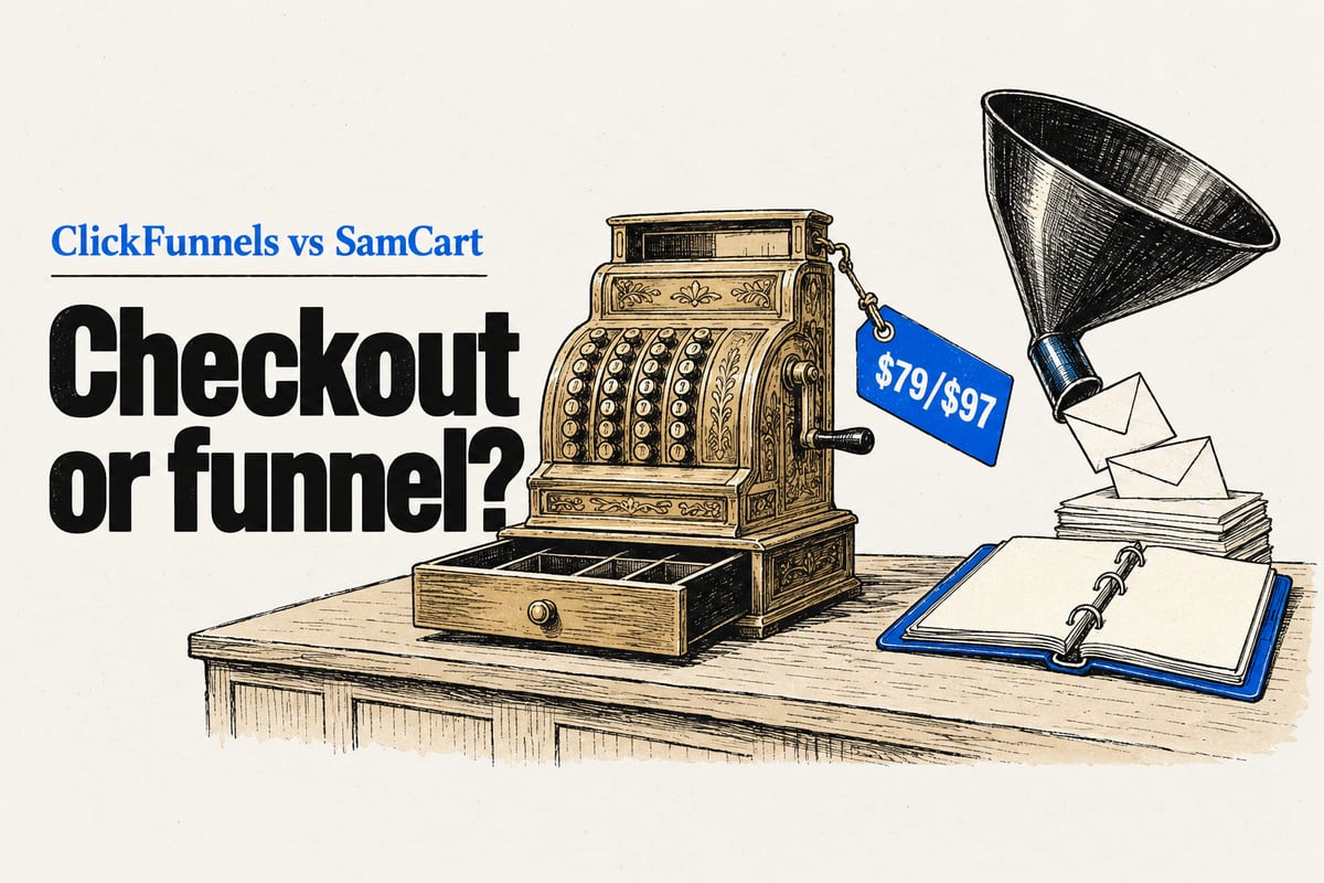 Ink-line illustration of a shop counter with a brass cash register on one side and a black kitchen funnel pouring into envelopes and a ring binder on the other, a blue price tag reading $79/$97 between them, under the headline "Checkout or funnel?"