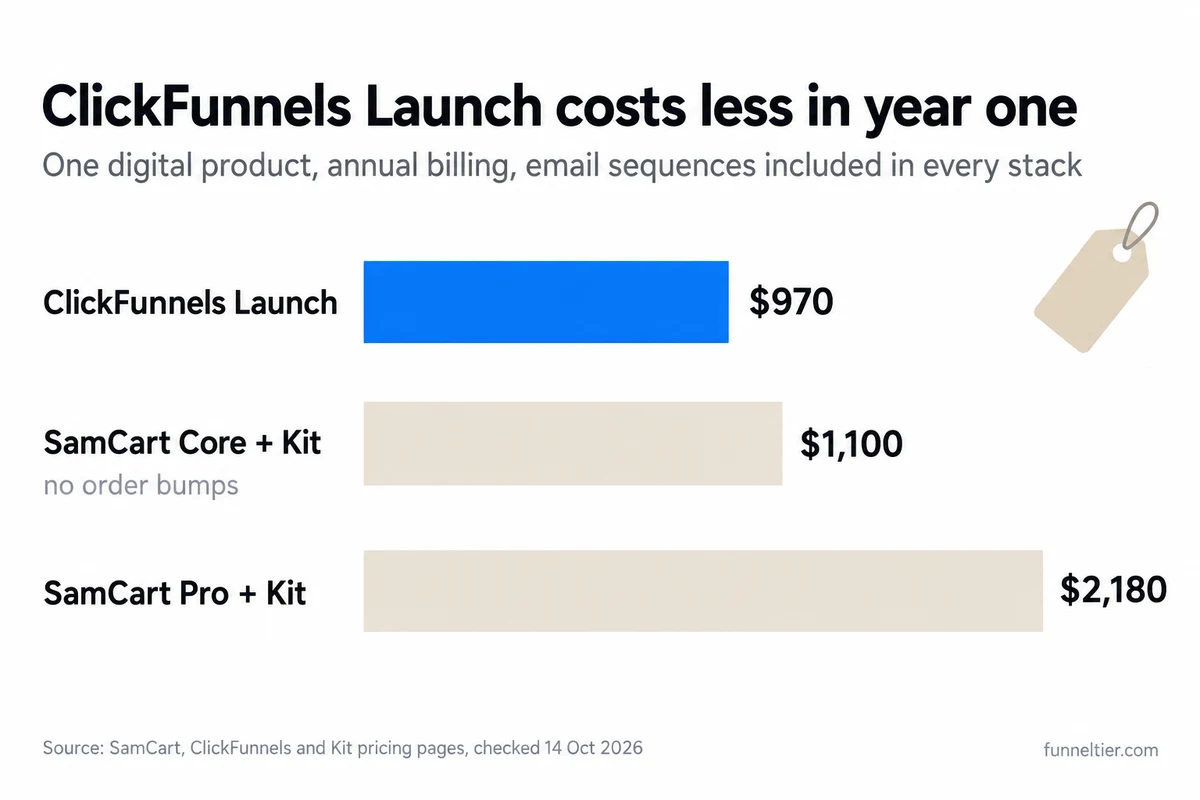 Bar chart of year-one software cost for one digital product at annual billing: ClickFunnels Launch $970 (highlighted), SamCart Core plus Kit Creator $1,100 with no order bumps, SamCart Pro plus Kit Creator $2,180.