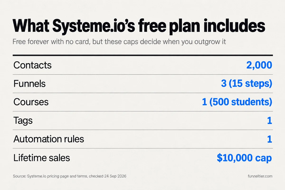 Table of Systeme.io free plan limits: 2,000 contacts, 3 funnels with 15 steps, 1 course with 500 students, 1 tag, 1 automation rule and a $10,000 lifetime sales cap, with no card and no time limit.