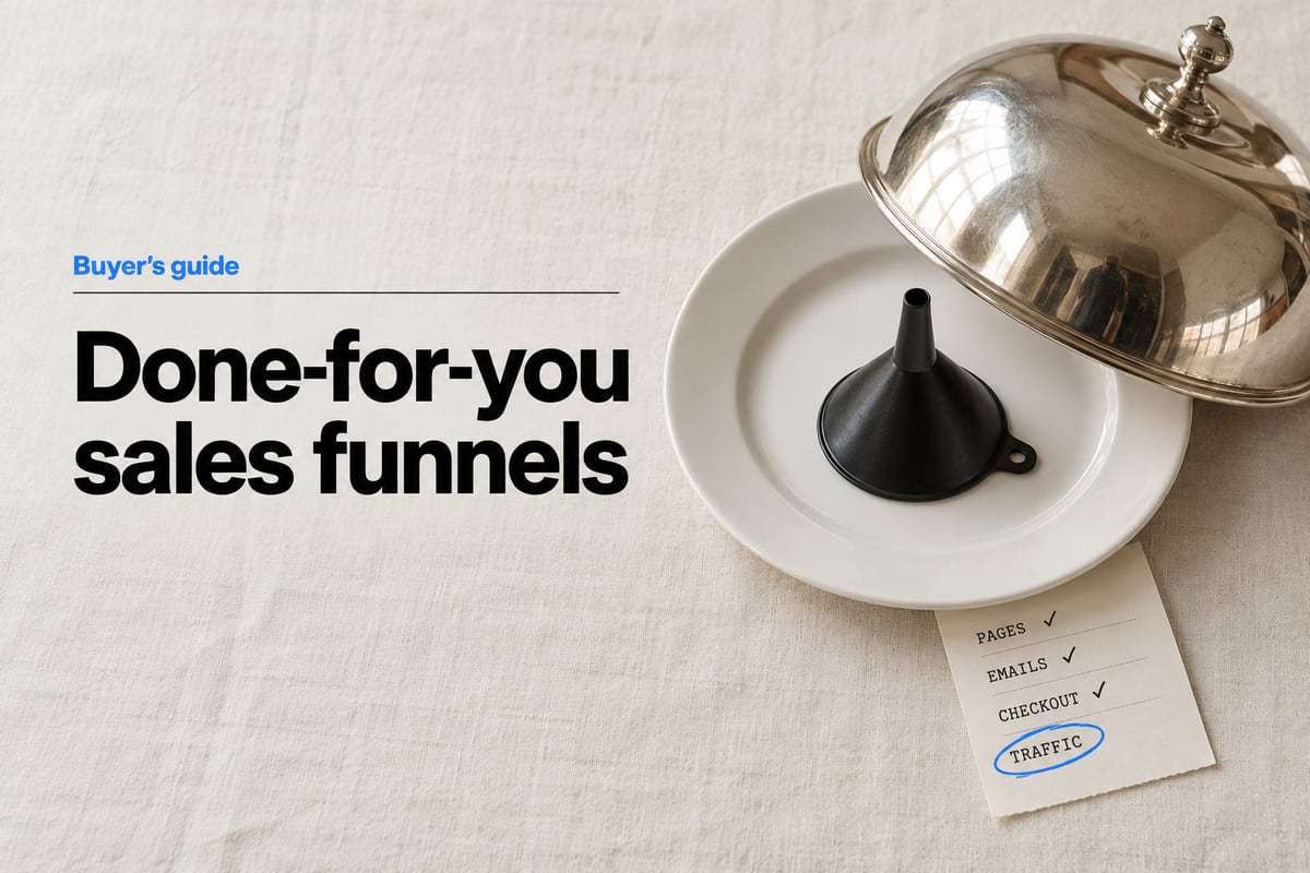 Overhead still-life photo of a silver room-service cloche lifted off a white plate to reveal a small black kitchen funnel served like a dish, with an order ticket reading Pages, Emails and Checkout ticked and Traffic circled in blue ink, beside the headline Done-for-you sales funnels.