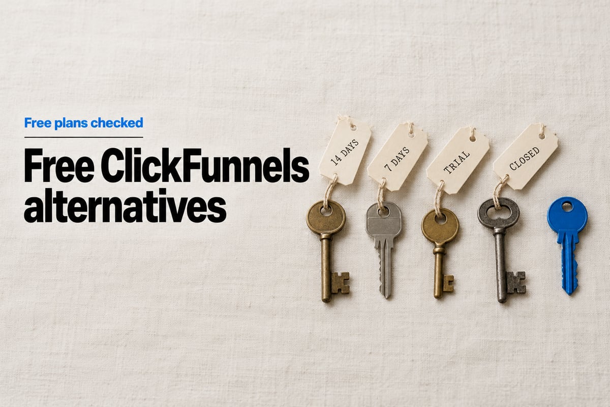 Overhead photo of five door keys on linen, four with small paper tags reading 14 DAYS, 7 DAYS, TRIAL and CLOSED, and one untagged key painted blue, beside the headline Free ClickFunnels alternatives.