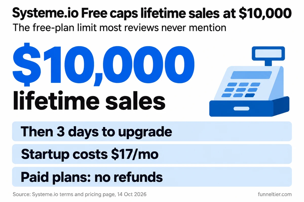 Big-number graphic: Systeme.io Free caps lifetime sales at $10,000, then gives 3 days to upgrade; Startup costs $17 a month and paid plans are not refundable.