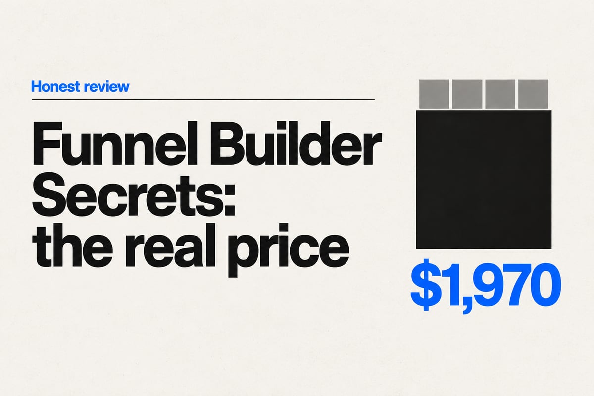 Editorial cover: the headline Funnel Builder Secrets, the real price, beside one large black square with four small grey squares resting on its top edge, and the figure $1,970.