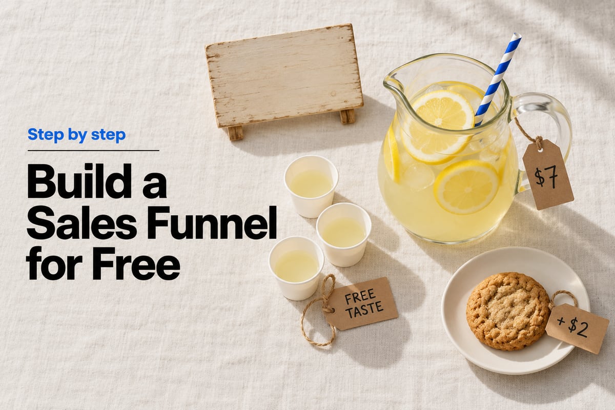 Overhead photo on pale linen of a child's lemonade stand set-up: tiny paper tasting cups tagged Free taste, a glass pitcher of lemonade with a blue paper straw tagged $7, and a plate with one cookie tagged + $2, under the headline Build a Sales Funnel for Free.