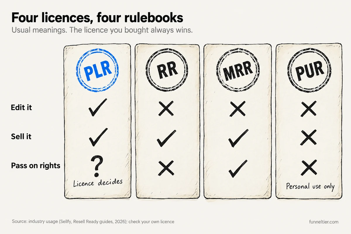 Hand-drawn sequence of five objects: a notebook page for a blog post or video, an opt-in page form with a Submit form button, a thank-you page card with an affiliate button set to Open URL, a stack of five numbered envelopes for a 5-email sequence (1 campaign on Free), and a door marked The offer. A note says links point to your own pages.