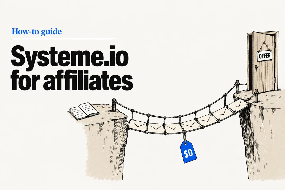 Editorial ink illustration of a rope footbridge with planks made of paper envelopes, running from an open notebook on one cliff to a door marked Offer on the other, with a blue $0 tag hanging from the rope, beside the headline Systeme.io for affiliates.