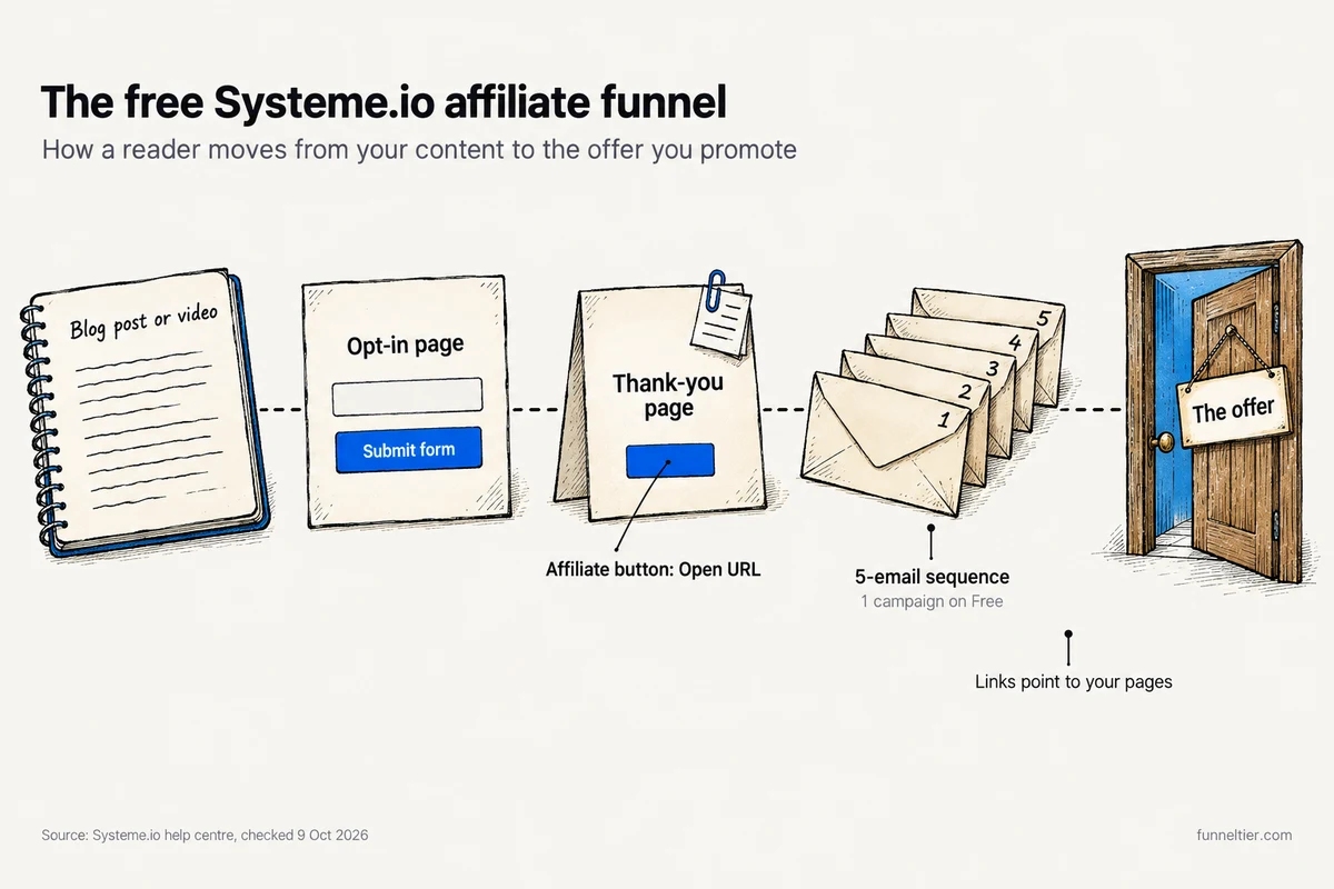 Hand-drawn sequence of five objects: a notebook page for a blog post or video, an opt-in page form with a Submit form button, a thank-you page card with an affiliate button set to Open URL, a stack of five numbered envelopes for a 5-email sequence (1 campaign on Free), and a door marked The offer. A note says links point to your own pages.