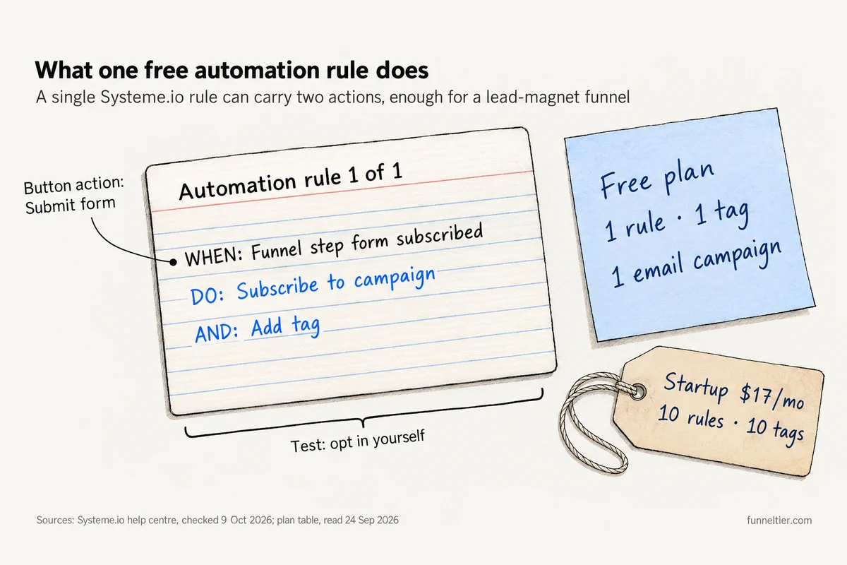 Hand-drawn index card titled Automation rule 1 of 1: when Funnel step form subscribed, subscribe to campaign and add tag. Notes say the form button action must be Submit form and to test by opting in yourself. A sticky note lists the free plan's 1 rule, 1 tag and 1 email campaign; a tag shows Startup at $17 a month with 10 rules and 10 tags.