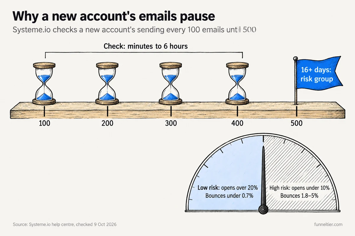 Hand-drawn ruler marked 100 to 500 with an hourglass at each of the first four marks, annotated check: minutes to 6 hours, and a flag at 500 reading 16+ days: risk group. A gauge shows low risk as opens over 20% and bounces under 0.7%, and high risk as opens under 10% and bounces of 1.8 to 5%.