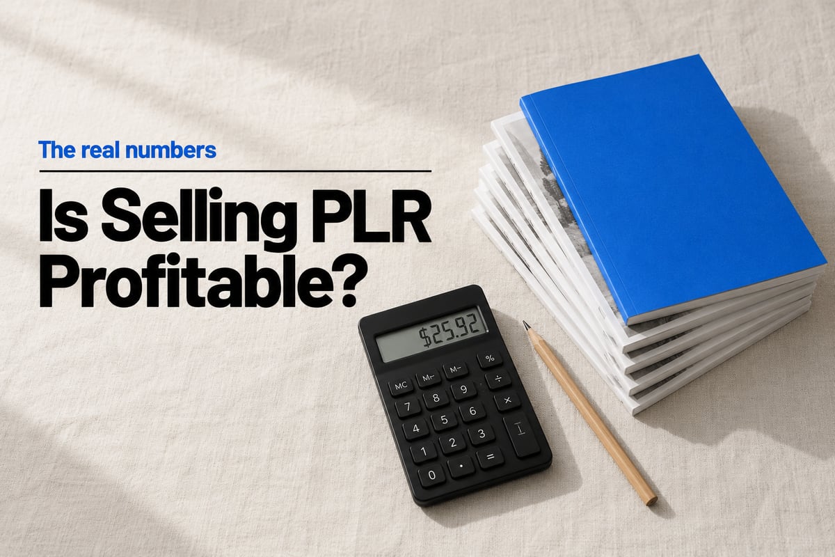 Overhead photo on pale linen of six identical white booklets stacked beside a black desk calculator, the top booklet rebound in blue and the calculator display reading $25.92, under the headline Is Selling PLR Profitable?