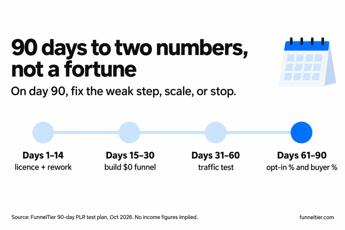Timeline of a realistic first 90 days selling PLR: days 1–14 licence and rework, days 15–30 build a $0 funnel, days 31–60 traffic test, days 61–90 measure opt-in rate and buyer rate, then fix, scale or stop on day 90.