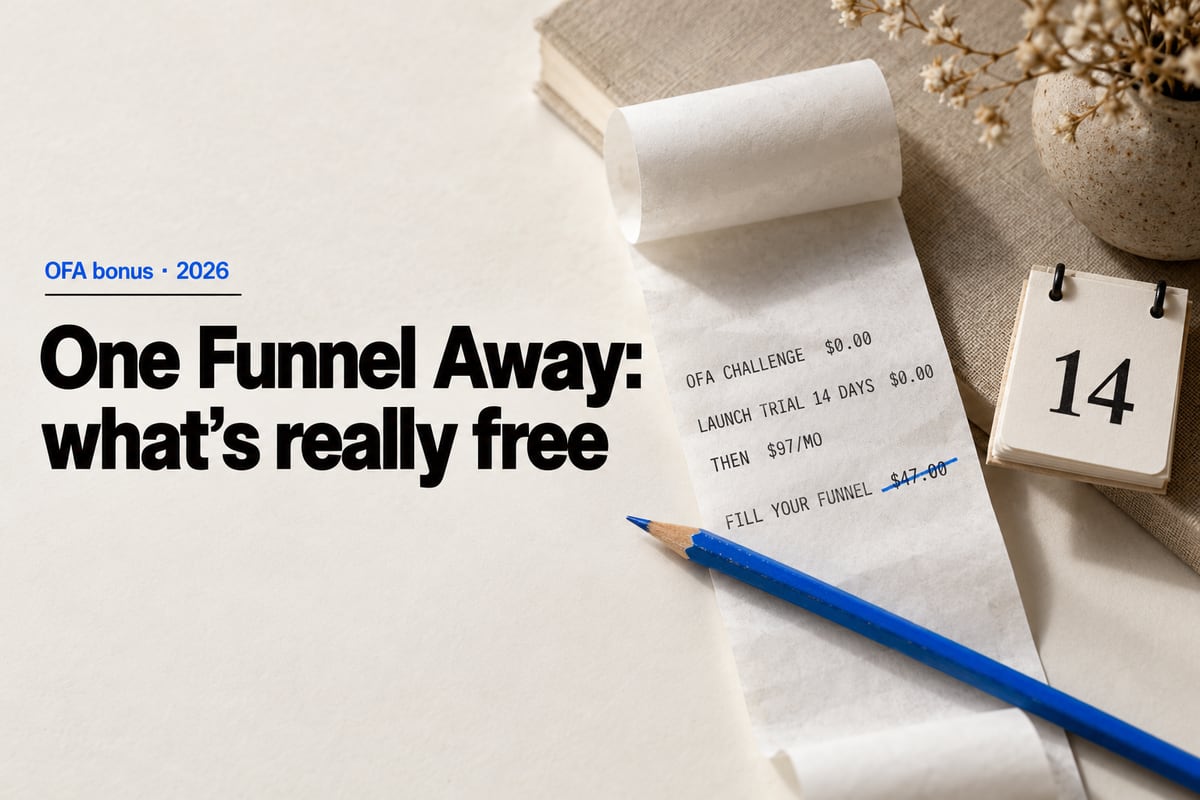 Overhead photo of a curled paper till receipt on linen listing the OFA challenge at $0.00, a 14-day Launch trial at $0.00, then $97/mo, and Fill Your Funnel at $47.00, with the $47 line struck through by a blue pencil beside a desk calendar page showing 14.