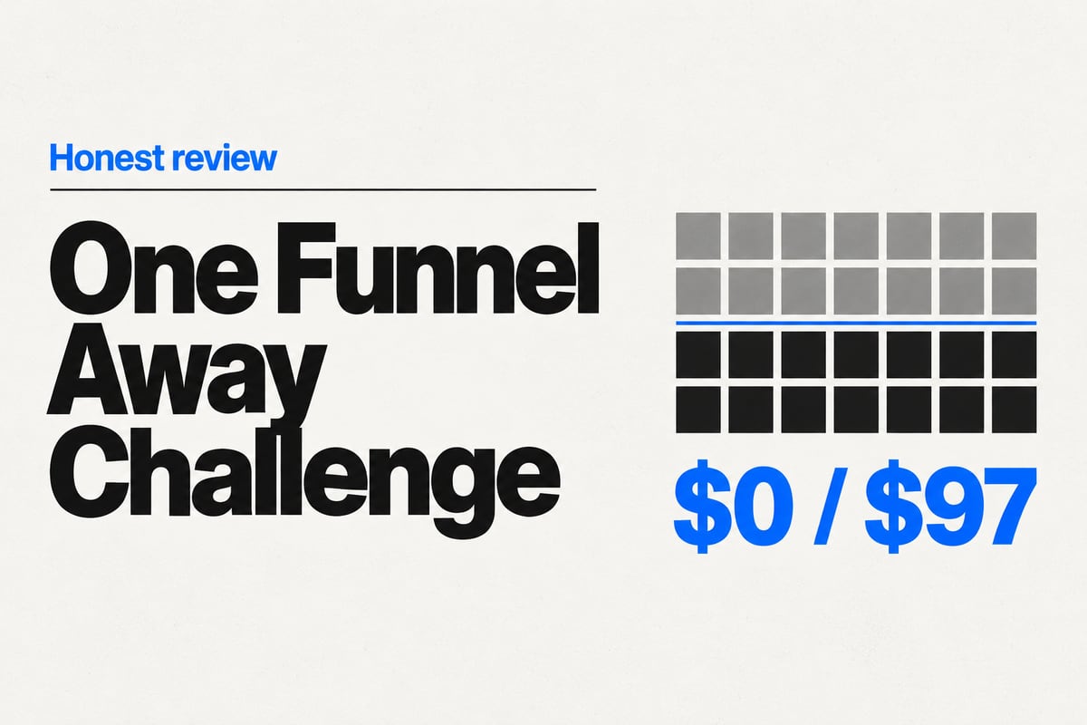 Editorial cover: the headline One Funnel Away Challenge beside a grid of 28 squares, the top 14 grey and the bottom 14 black, split by a thin blue line, with the figure $0 / $97.