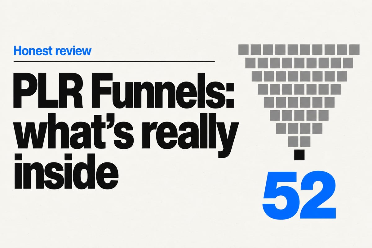 Editorial cover: the headline PLR Funnels, what's really inside, beside 52 small grey squares stacked into a funnel shape with one black square at the bottom, and the figure 52.