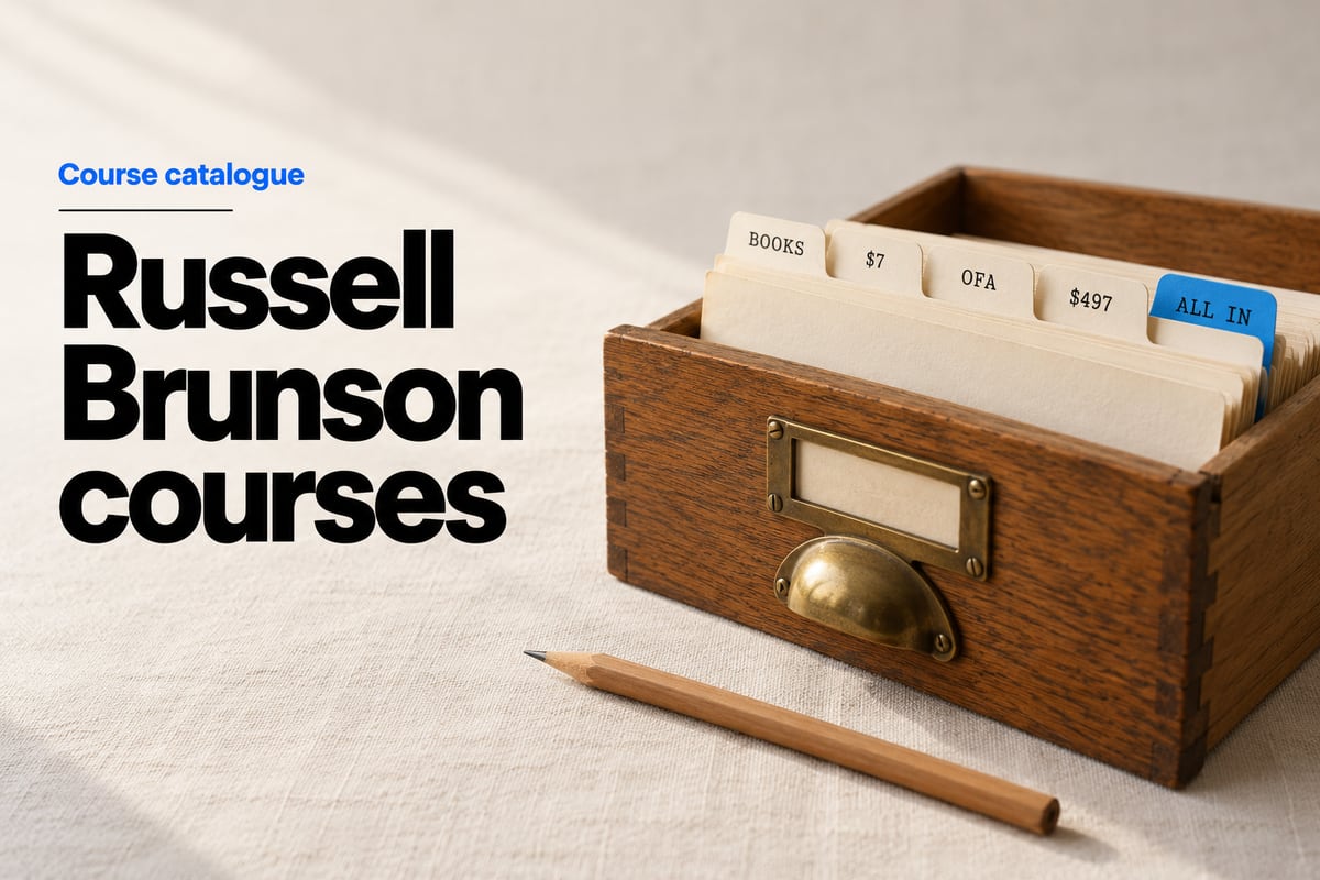 Studio photo of an open oak card-catalogue drawer on a linen desk with five index cards tabbed BOOKS, $7, OFA, $497 and ALL IN, the ALL IN card pulled halfway out with a blue tab, a pencil in front, beside the headline Russell Brunson courses.