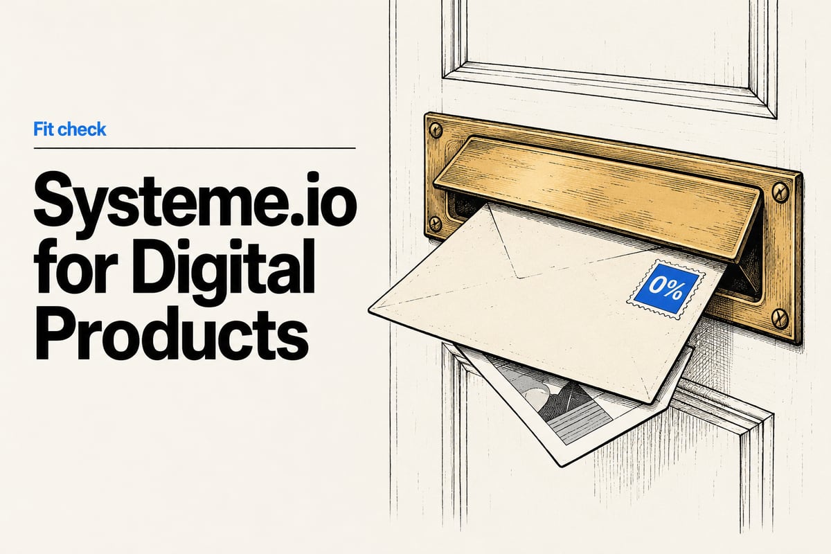 Ink illustration of a front door's brass letterbox with a cream envelope half-pushed through the slot, a printed document peeking out and a blue postage stamp reading 0%, beside the headline Systeme.io for Digital Products.