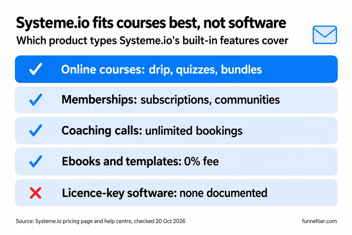 Checklist of five product types on Systeme.io: online courses, memberships, coaching calls and ebooks with a 0% fee are ticked; licence-key software is crossed out as none documented.