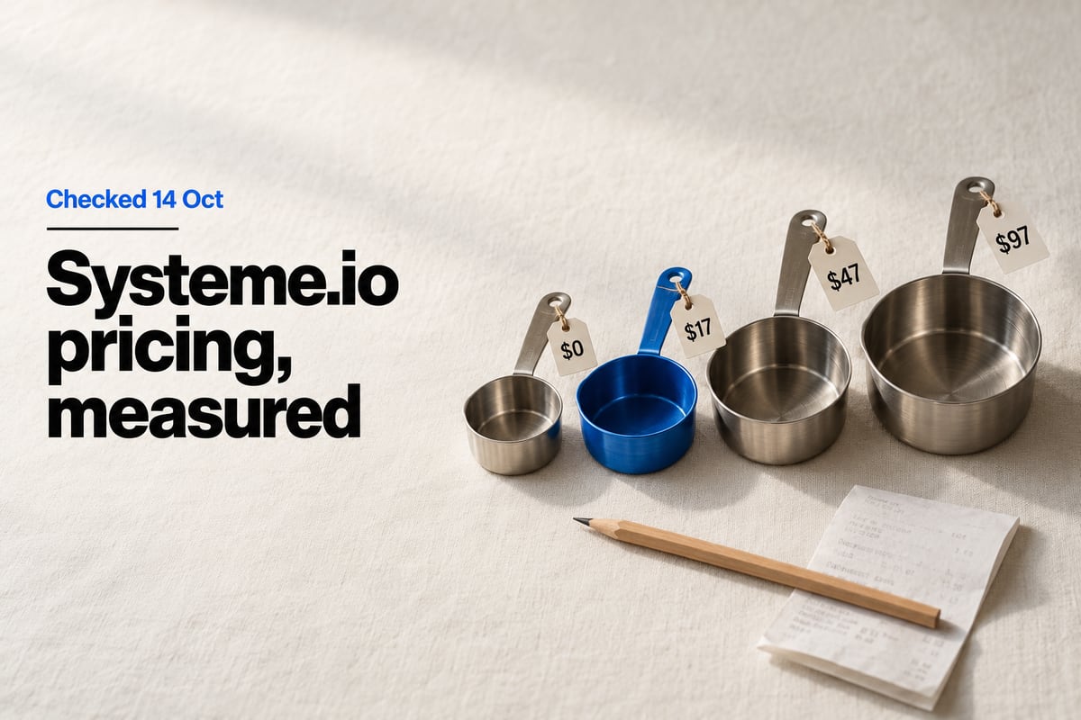 Four stainless steel measuring cups in a row on linen, small to large, with paper tags reading $0, $17, $47 and $97; the $17 cup is blue, with a pencil and a folded receipt beside them.