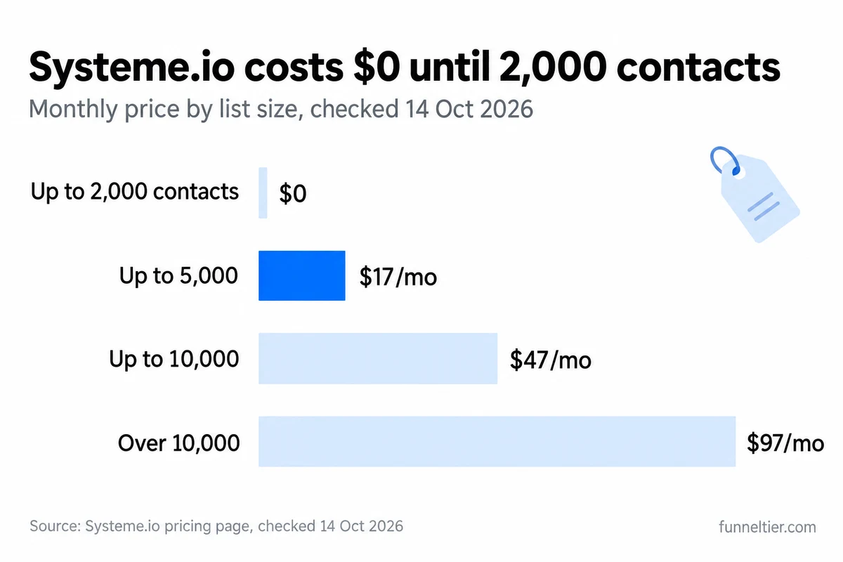 Bar chart titled 'Systeme.io costs $0 until 2,000 contacts': up to 2,000 contacts $0, up to 5,000 $17 a month (highlighted in blue), up to 10,000 $47 a month, over 10,000 $97 a month.