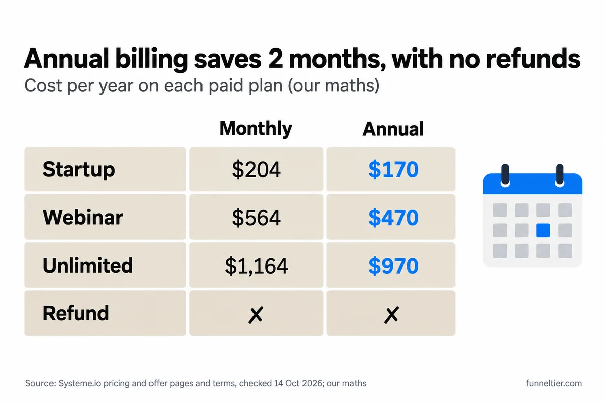 Side-by-side comparison titled 'Annual billing saves 2 months, with no refunds': Startup $204 monthly versus $170 annual, Webinar $564 versus $470, Unlimited $1,164 versus $970, and no refund on either billing option.