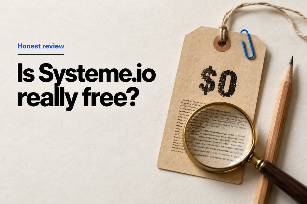 Studio still life of a manila paper tag stamped $0 with fine print under a brass magnifying glass, a pencil and a blue paper clip, beside the headline Is Systeme.io really free?